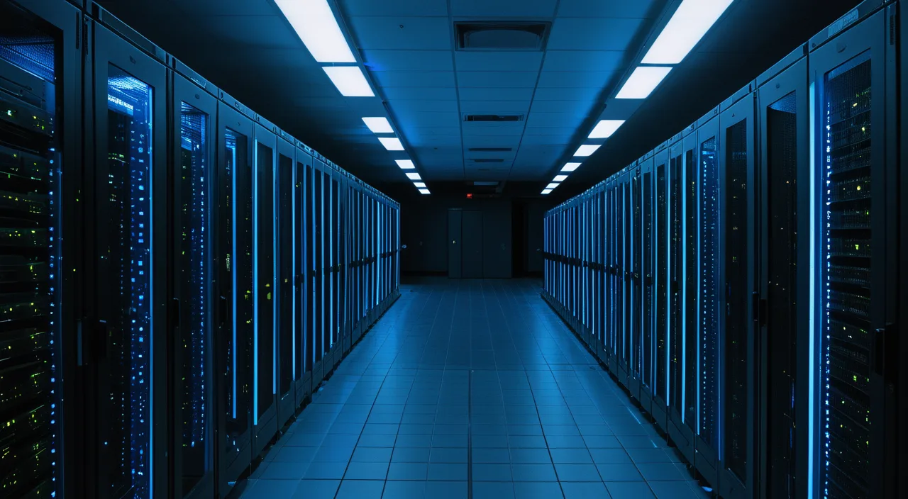 A dim server room corridor lit by rows of blue status lights