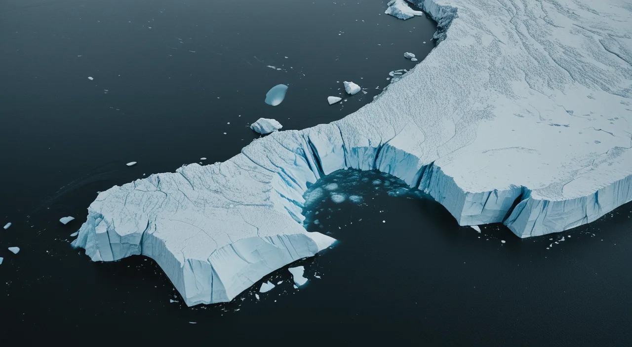 Aerial photograph of a glacier edge calving into dark water