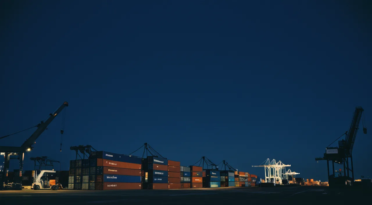 Container port at dusk with crane silhouettes over stacked containers