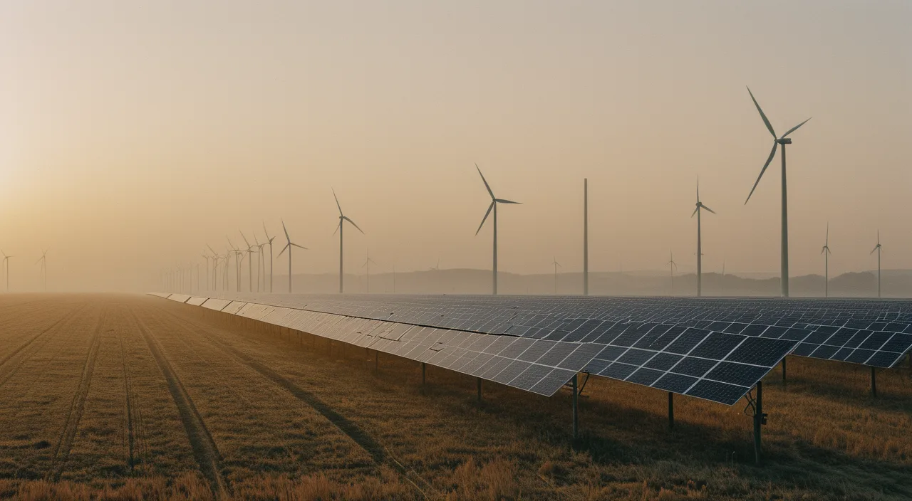 A field of solar panels at dawn with wind turbines on the hazy horizon