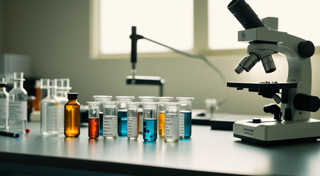 A research bench with a microscope under warm laboratory light