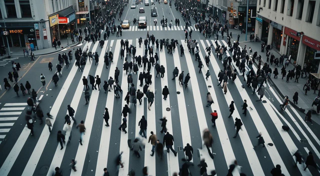 A dense city crossing seen from above, crowds in soft motion blur