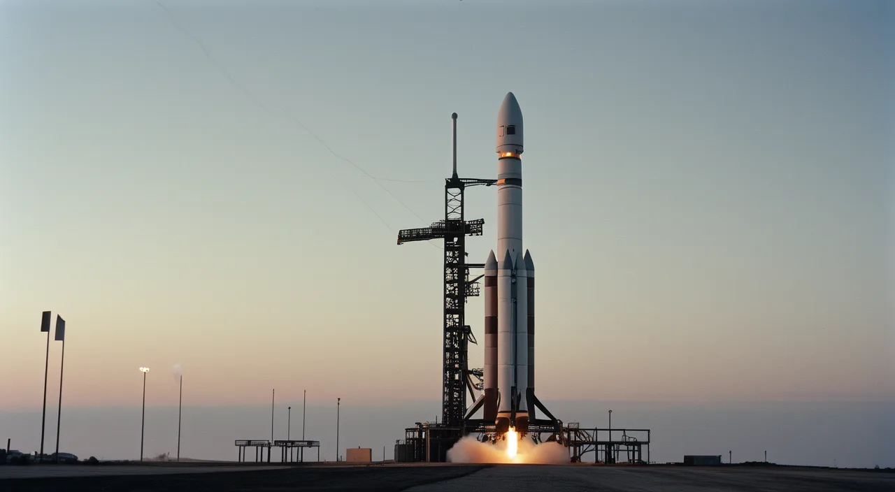 A rocket on its launch pad at dawn, venting vapor against a pale sky
